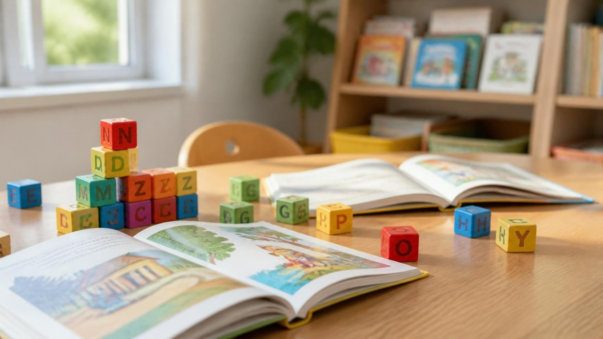 Blocos de letras coloridos e livros ilustrados em inglês numa mesa de sala de aula