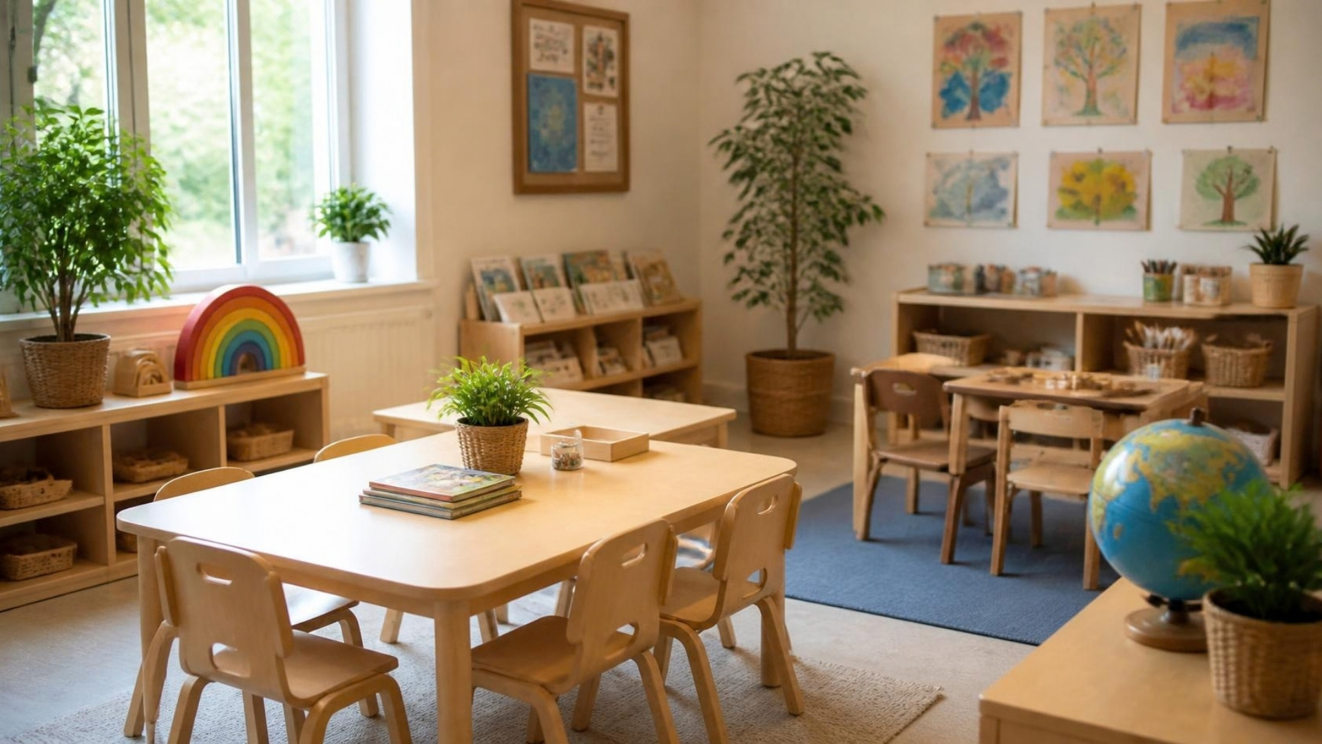 Sala de aula luminosa de escola primária com mesas de madeira, globo e trabalhos das crianças